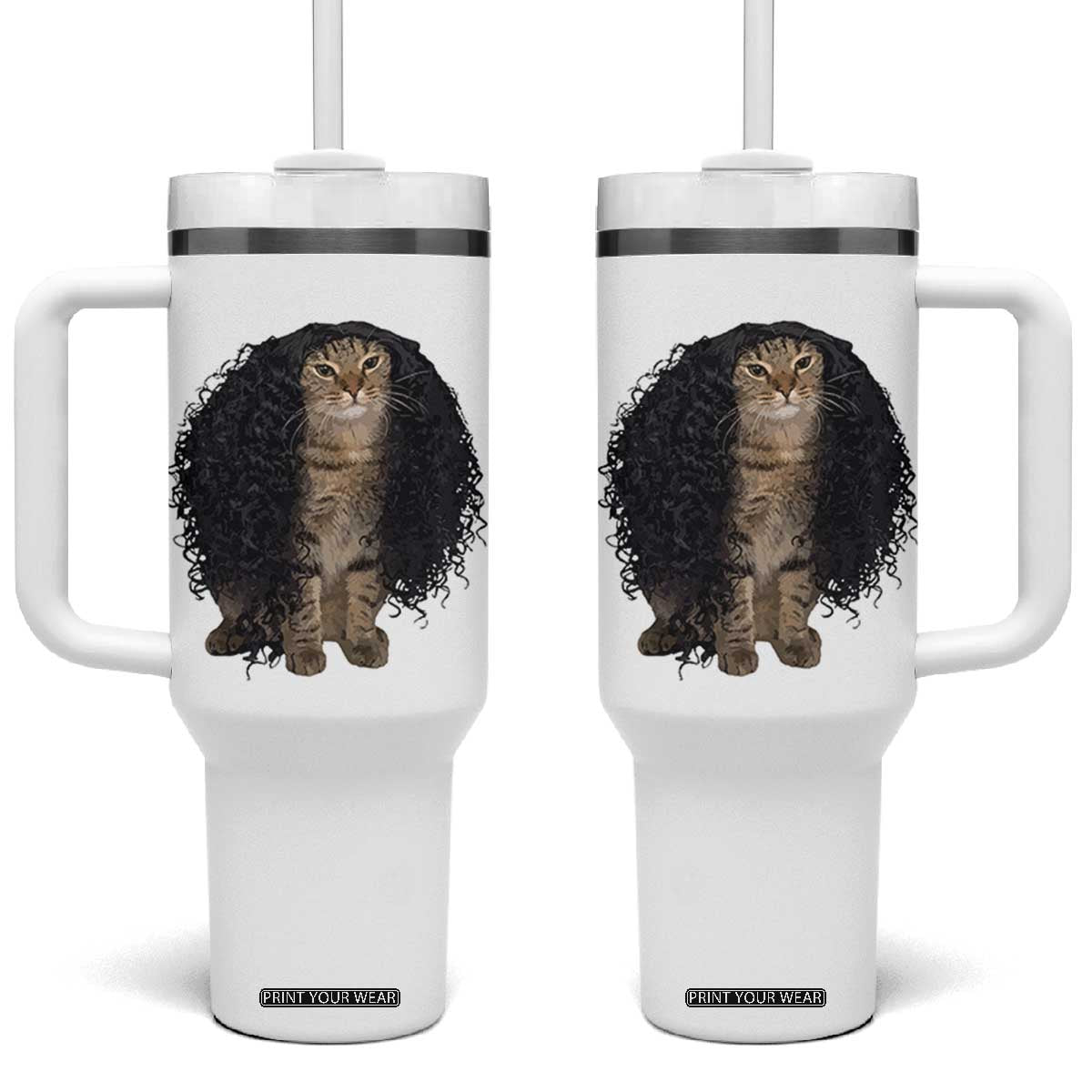 Funny Long Curly Hair Wig Cat Soccer Fans Tumbler With Handle Football Meme Sports Humor TS02 One Size: 40 oz White Print Your Wear