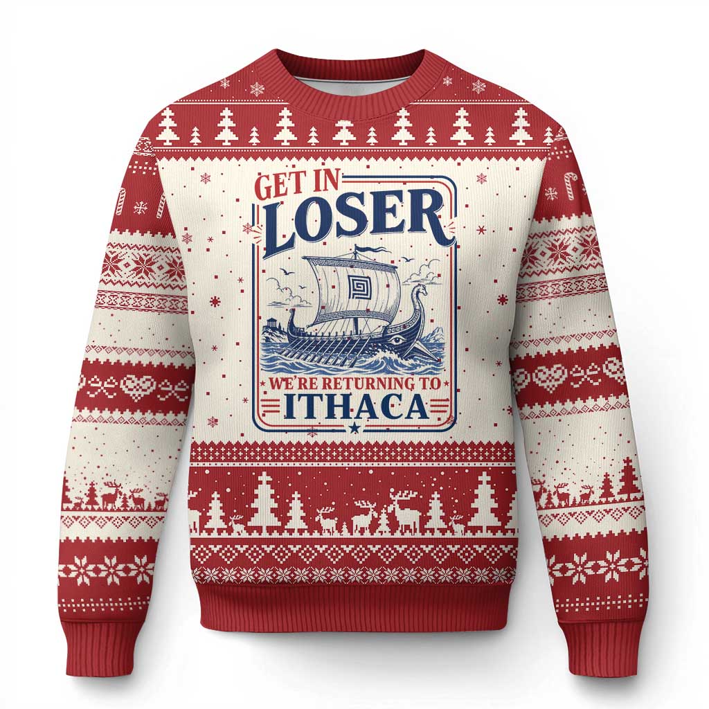 Funny Odysseus Journey Epic Odyssey Parody Ugly Christmas Sweater Retro Get In Loser Returning To Ithaca Greek Mythology Meme TS02 Beige Red Print Your Wear