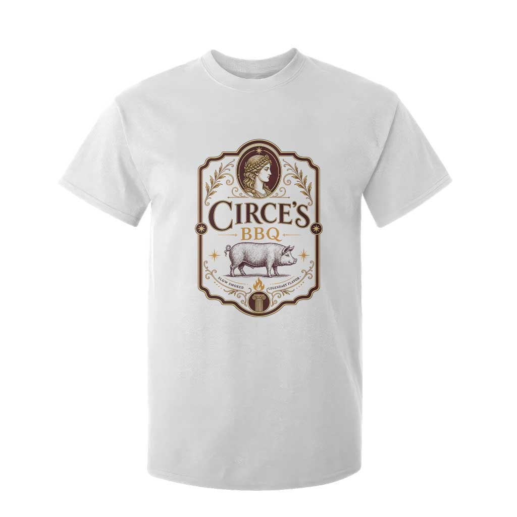 Circes BBQ Funny Greek Mythology Dark Humor T Shirt For Kid Slow Smoked Legendary Flavor Odysseus Pigs Odyssey Parody TS02 White Print Your Wear