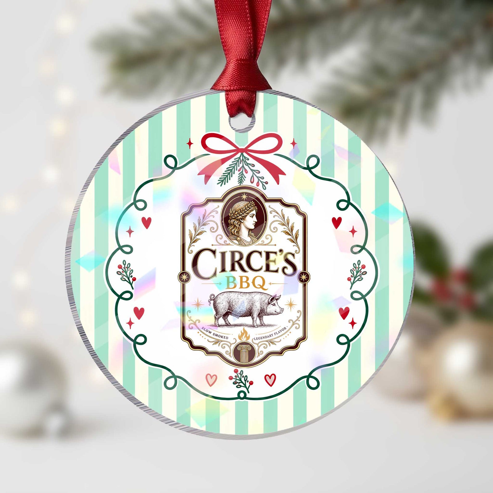 Circes BBQ Funny Greek Mythology Dark Humor Holographic Acrylic Ornament Slow Smoked Legendary Flavor Odysseus Pigs Odyssey Parody