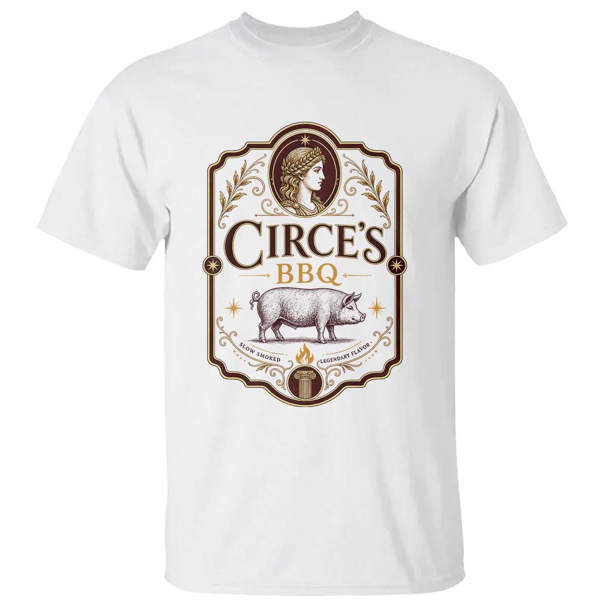 Circes BBQ Funny Greek Mythology Dark Humor T Shirt Slow Smoked Legendary Flavor Odysseus Pigs Odyssey Parody TS02 White Print Your Wear