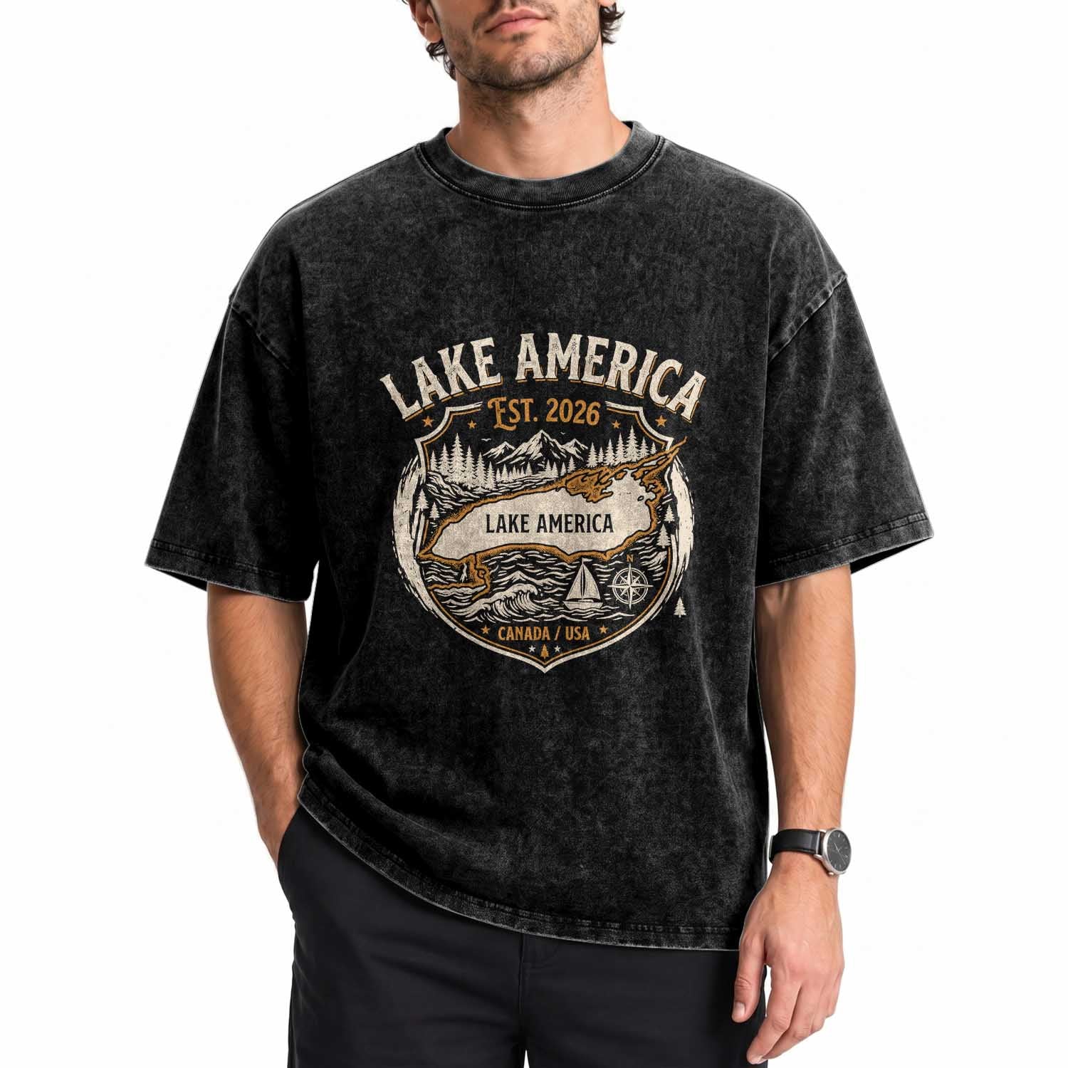 Lake America Est 2026 Outdoor Crest Graphic Washed Cotton T-Shirt Lake Life Boating Adventure Vacation Souvenir
