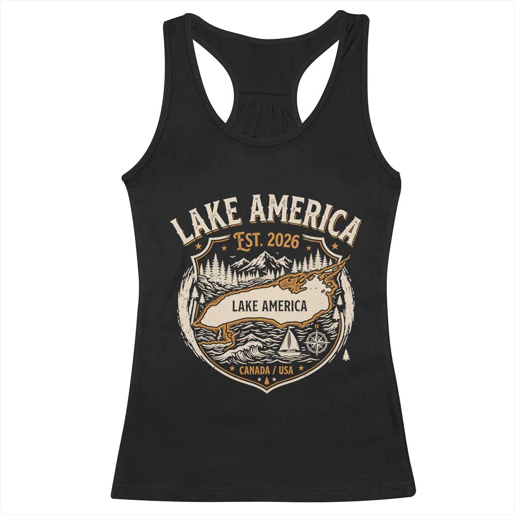Lake America Est 2026 Outdoor Crest Graphic Racerback Tank Top Lake Life Boating Adventure Vacation Souvenir