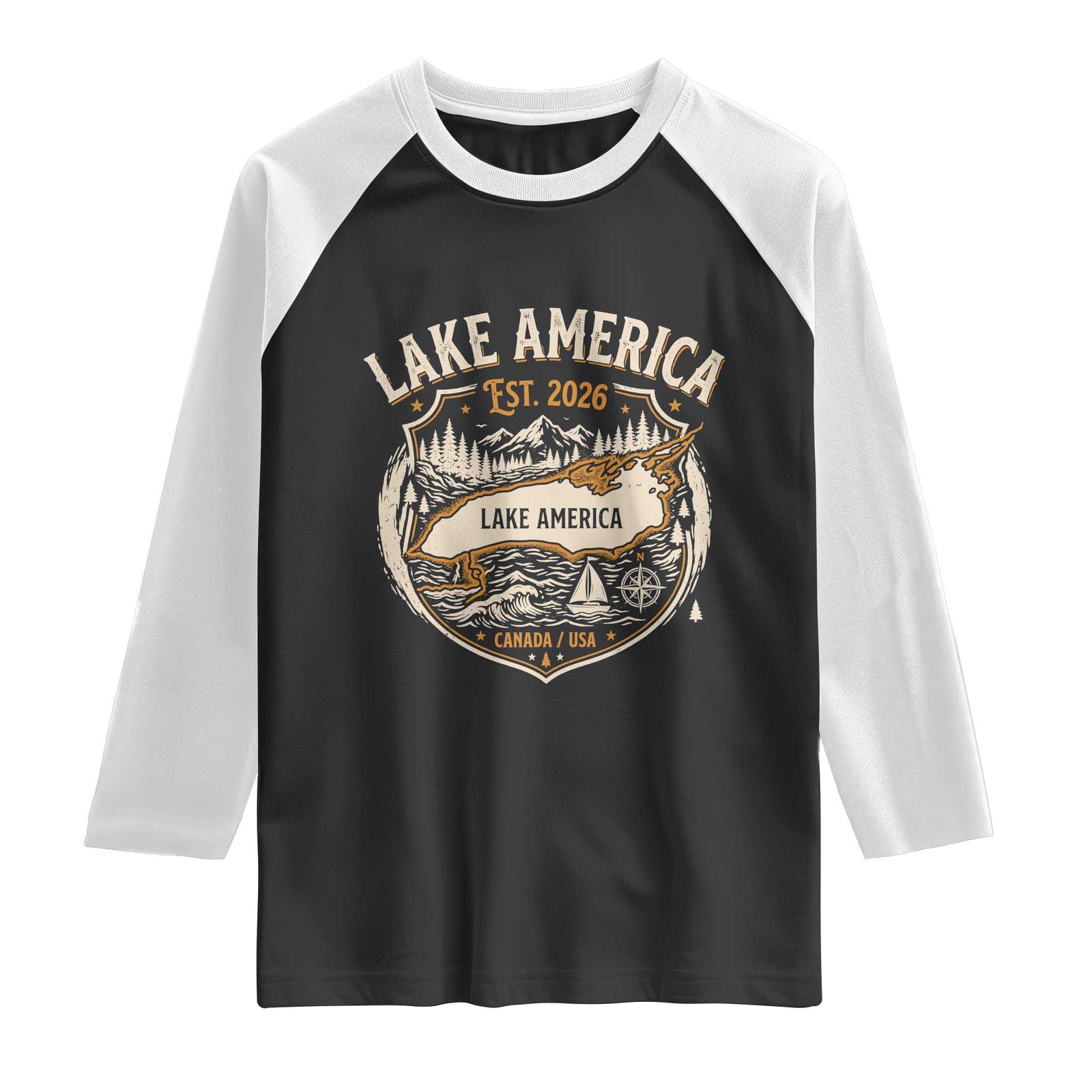 Lake America Est 2026 Outdoor Crest Graphic Raglan Shirt Lake Life Boating Adventure Vacation Souvenir
