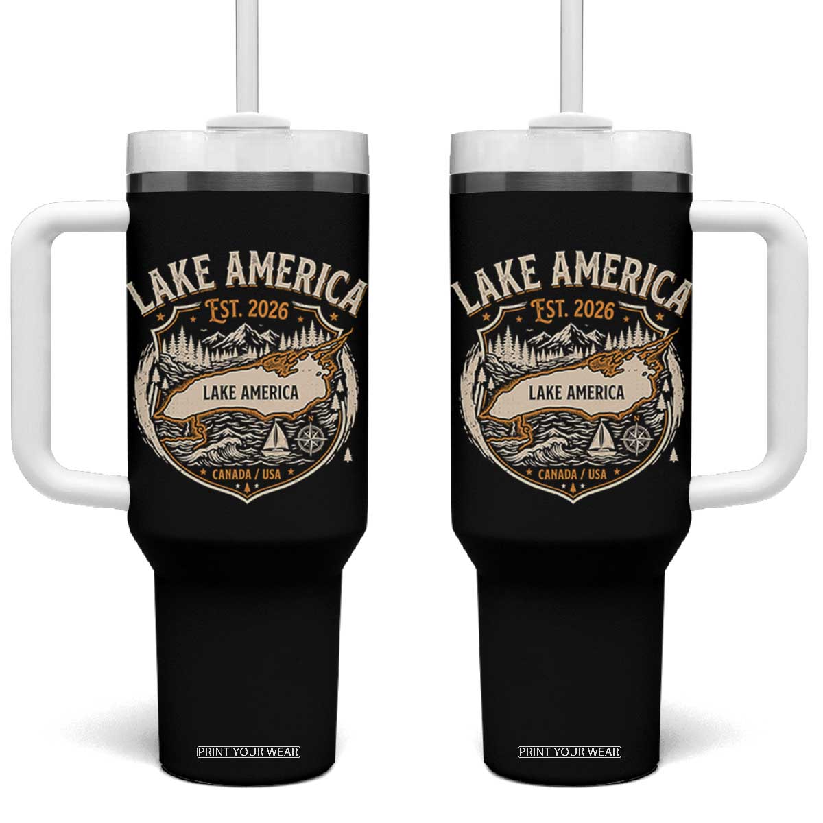 Lake America Est 2026 Outdoor Crest Graphic Tumbler With Handle Lake Life Boating Adventure Vacation Souvenir