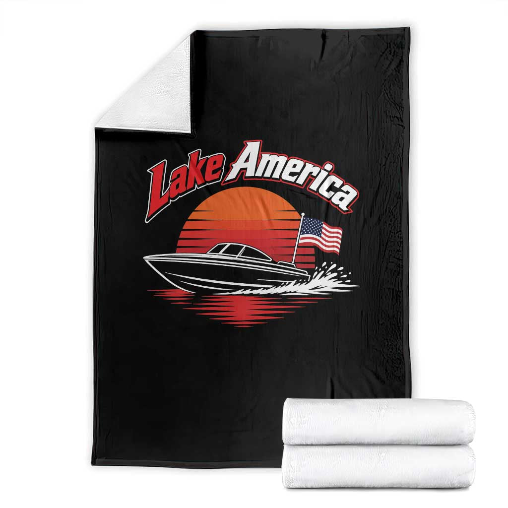 Lake America Retro Speedboat Sunset USA Flag Throw Blanket Boating and Lake Life Outdoor Summer Gift