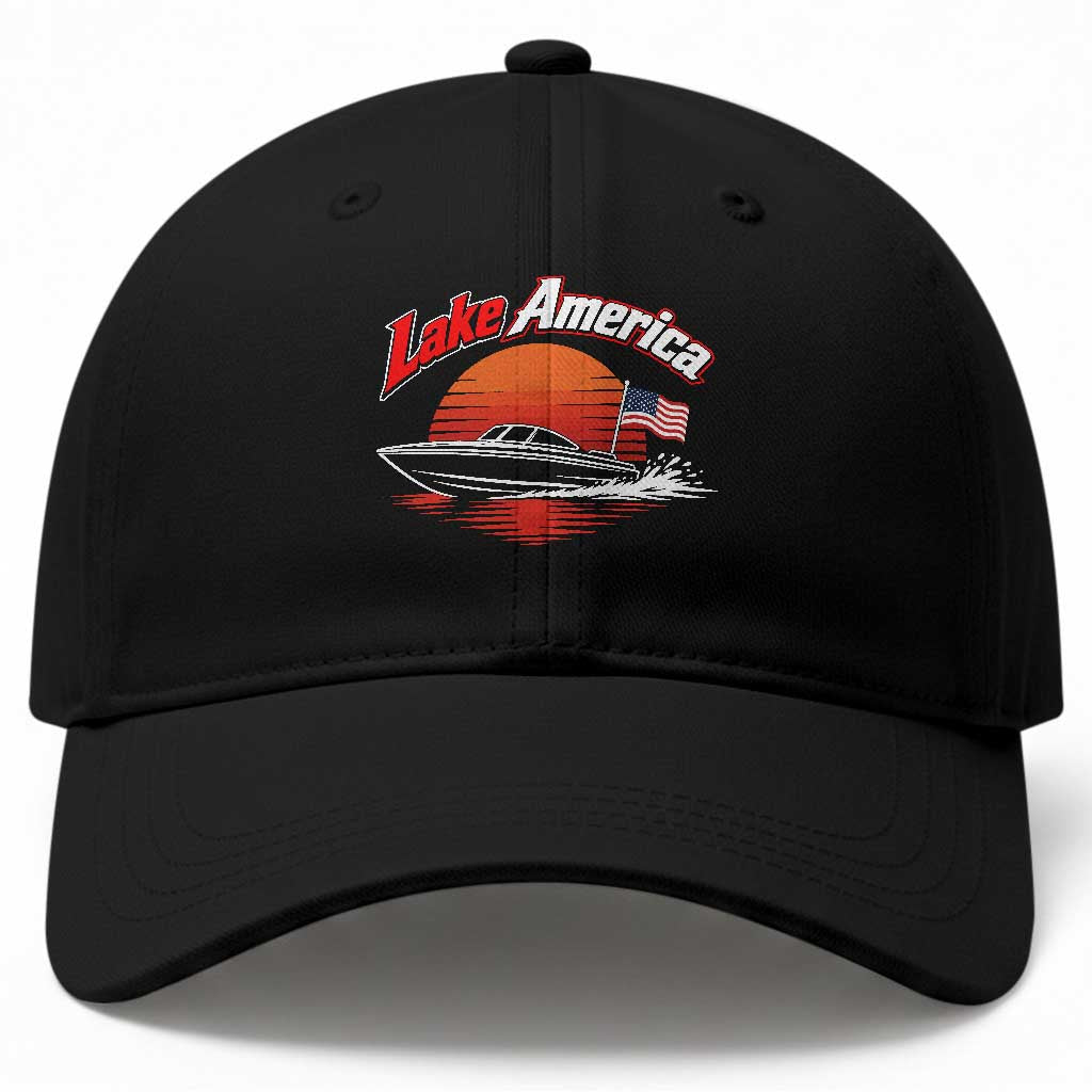 Lake America Retro Speedboat Sunset USA Flag Baseball Cap Boating and Lake Life Outdoor Summer Gift
