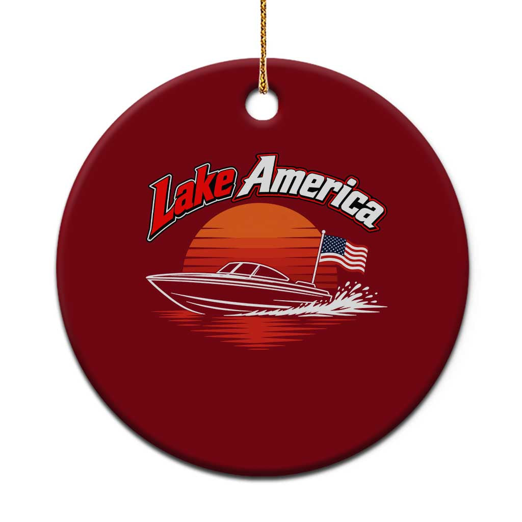 Lake America Retro Speedboat Sunset USA Flag Ceramic Ornament Boating and Lake Life Outdoor Summer Gift