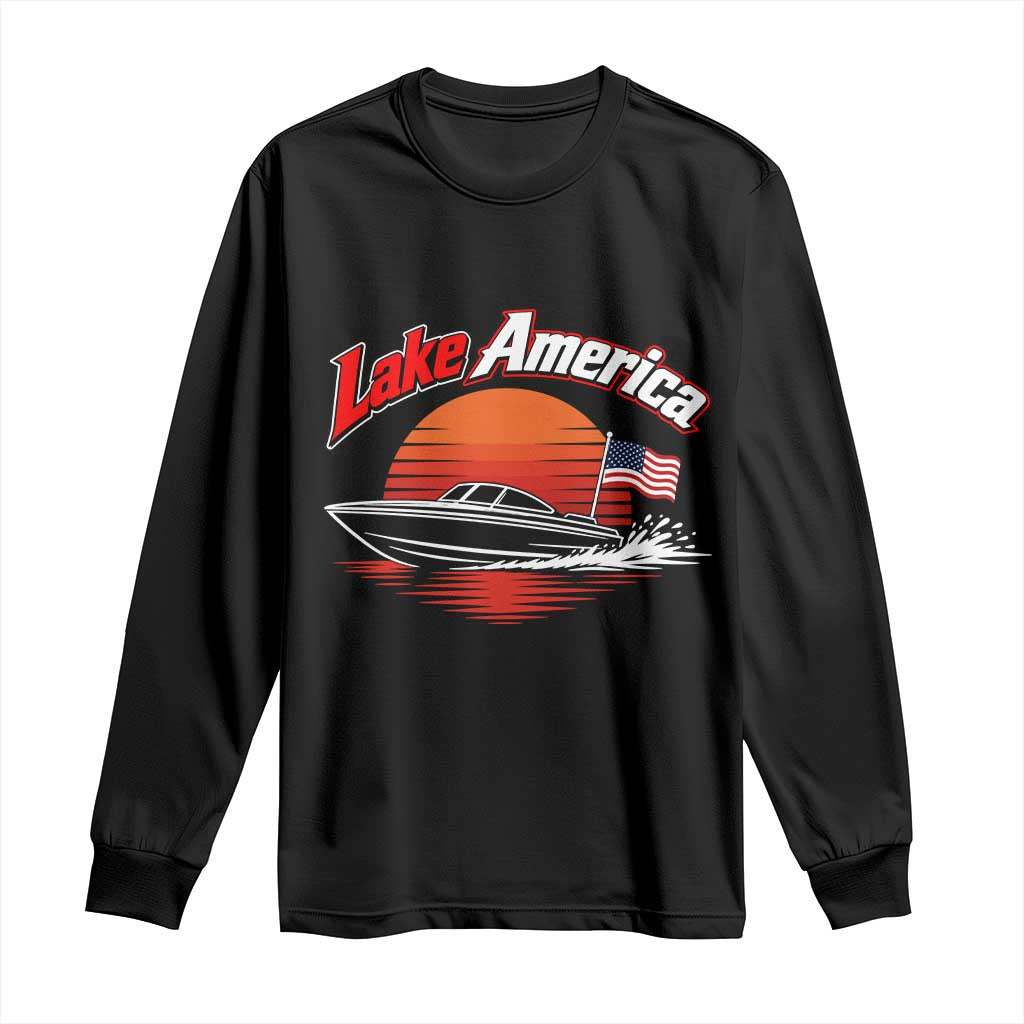 Lake America Retro Speedboat Sunset USA Flag Long Sleeve Shirt Boating and Lake Life Outdoor Summer Gift