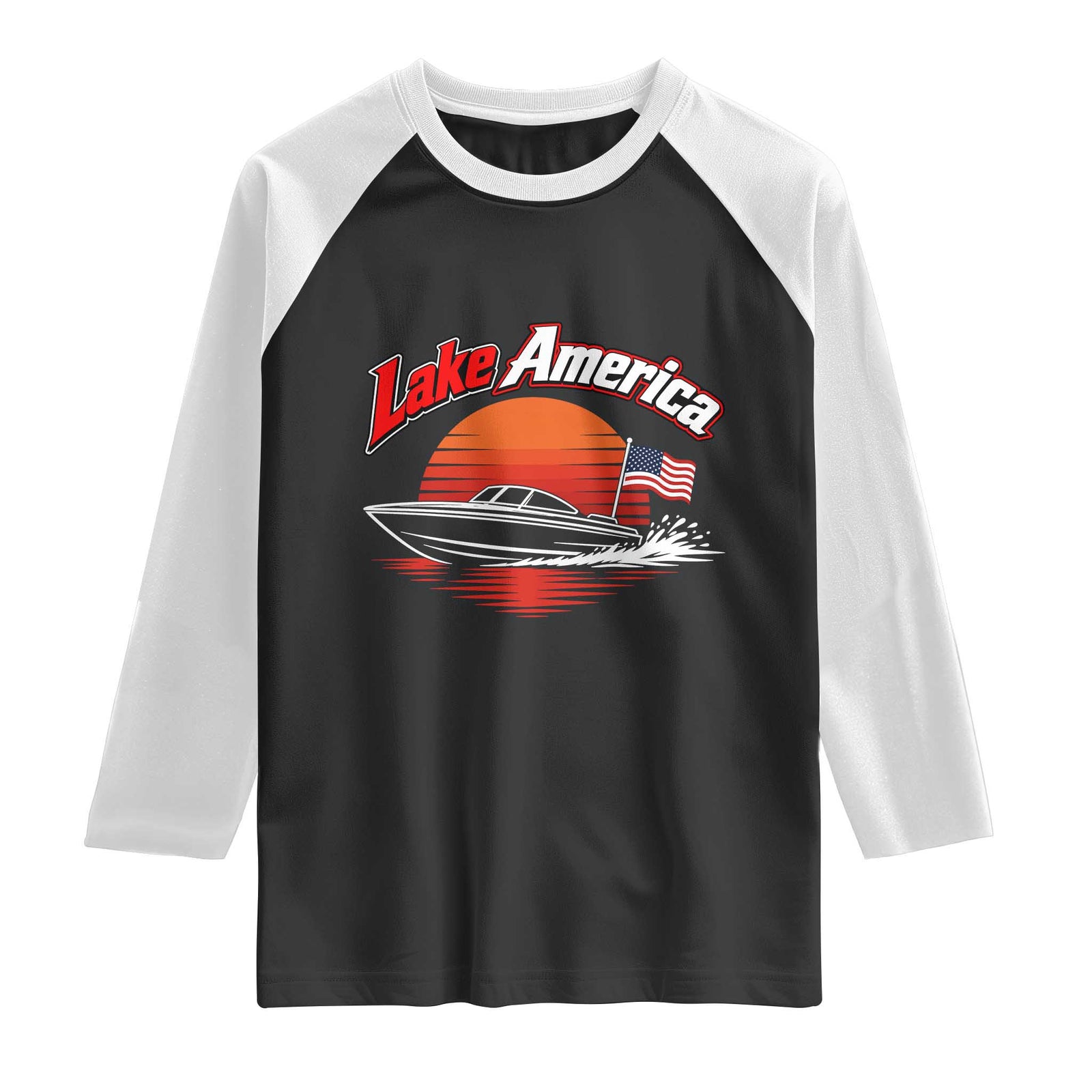 Lake America Retro Speedboat Sunset USA Flag Raglan Shirt Boating and Lake Life Outdoor Summer Gift