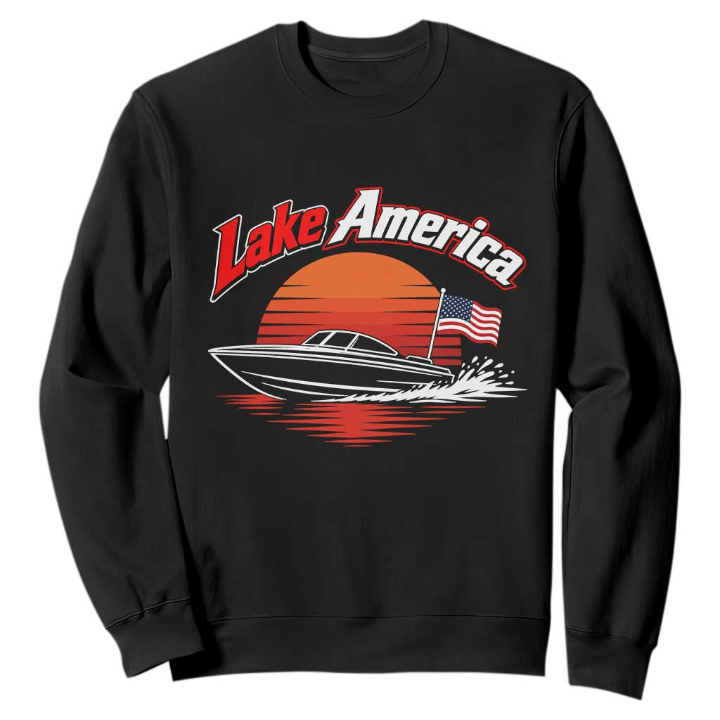 Lake America Retro Speedboat Sunset USA Flag Sweatshirt Boating and Lake Life Outdoor Summer Gift