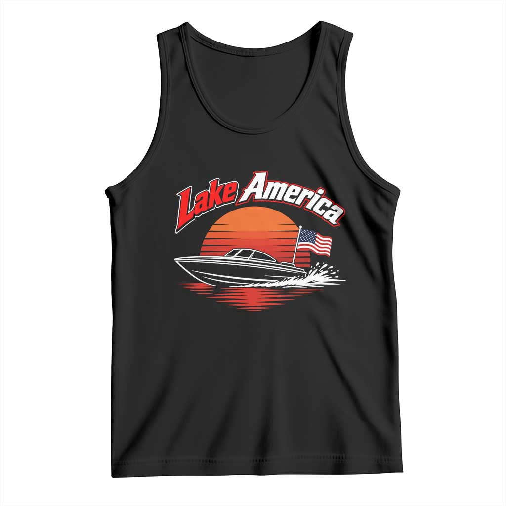 Lake America Retro Speedboat Sunset USA Flag Tank Top Boating and Lake Life Outdoor Summer Gift