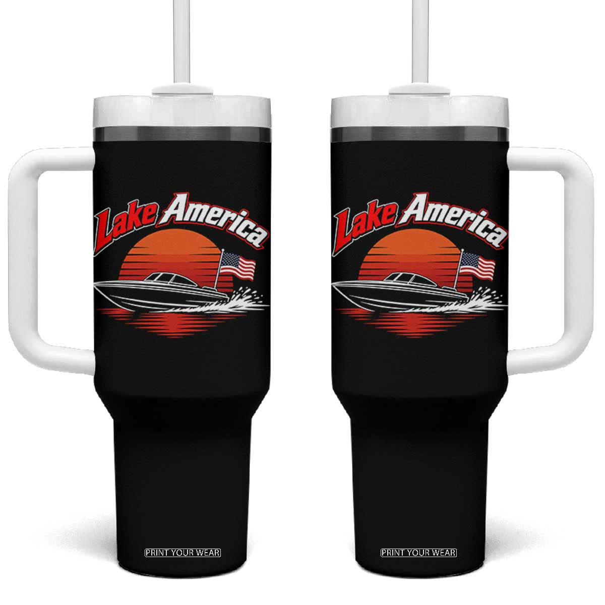 Lake America Retro Speedboat Sunset USA Flag Tumbler With Handle Boating and Lake Life Outdoor Summer Gift
