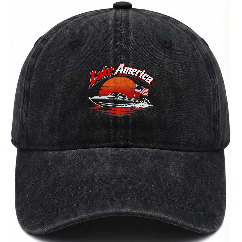 Lake America Retro Speedboat Sunset USA Flag Washed Cotton Baseball Cap Boating and Lake Life Outdoor Summer Gift