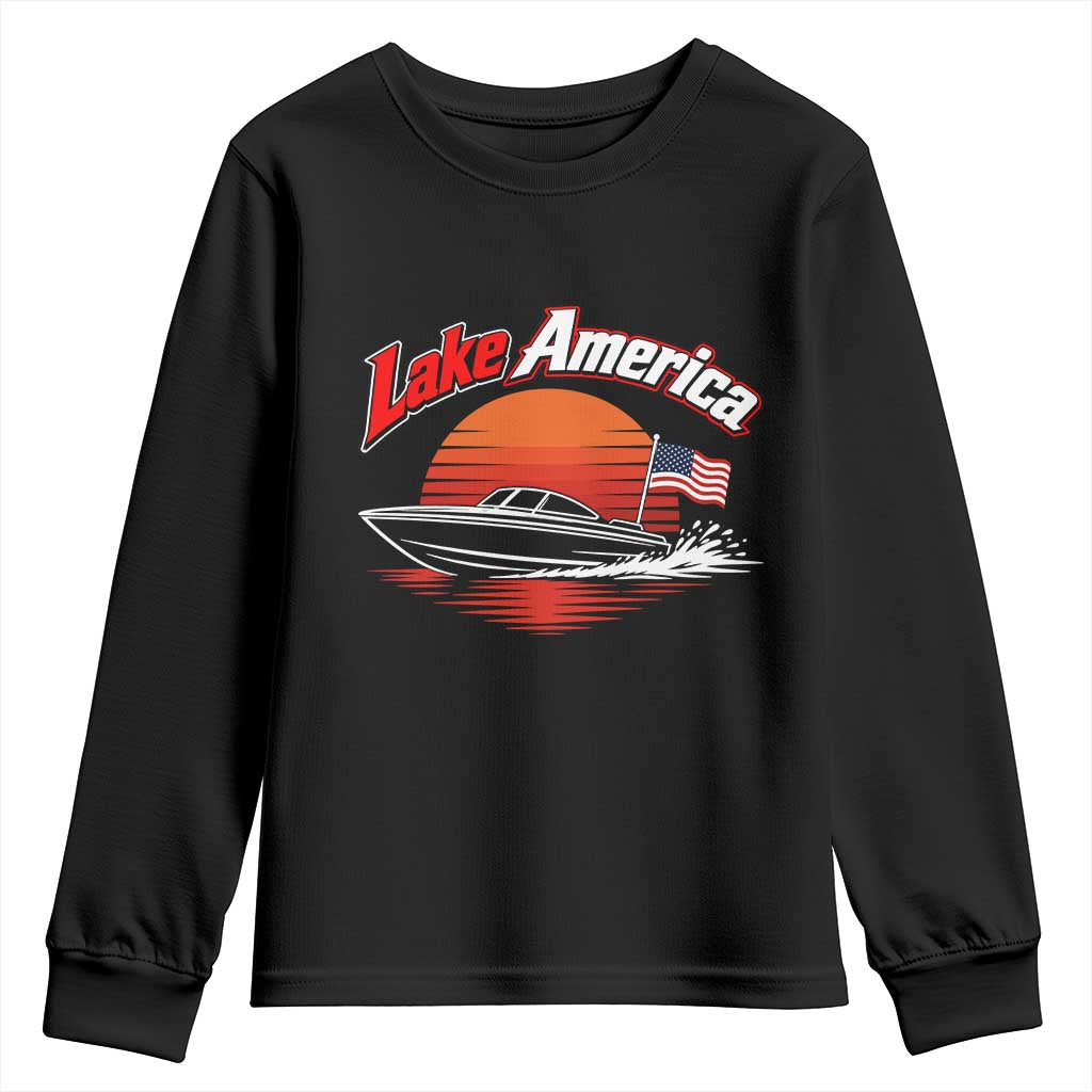 Lake America Retro Speedboat Sunset USA Flag Youth Sweatshirt Boating and Lake Life Outdoor Summer Gift