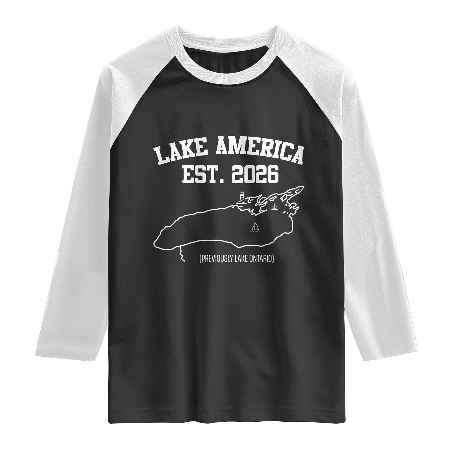 Lake America Est 2026 Previously Lake Ontario Satire Raglan Shirt Funny Minimalist Map Graphic Boating Gift