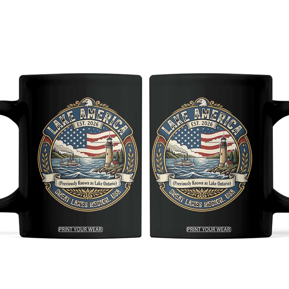 Lake America Est 2026 Vintage Lighthouse and Steamboat Coffee Mug Patriotic Great Lakes Region Gift