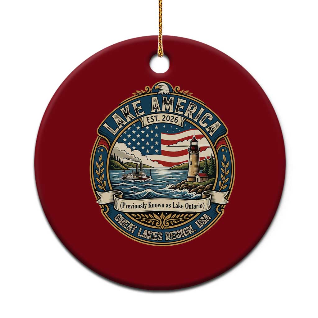 Lake America Est 2026 Vintage Lighthouse and Steamboat Ceramic Ornament Patriotic Great Lakes Region Gift