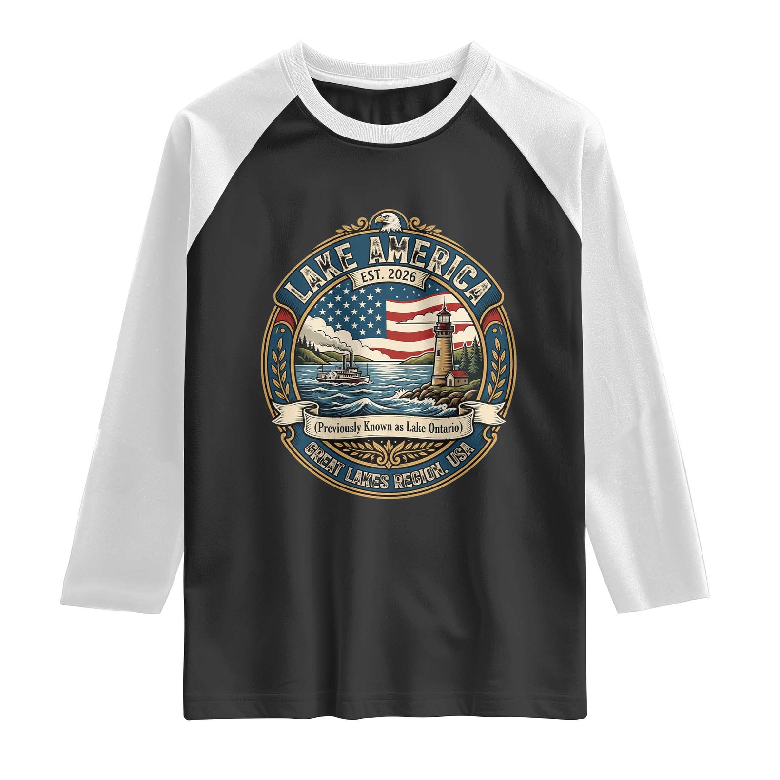 Lake America Est 2026 Vintage Lighthouse and Steamboat Raglan Shirt Patriotic Great Lakes Region Gift