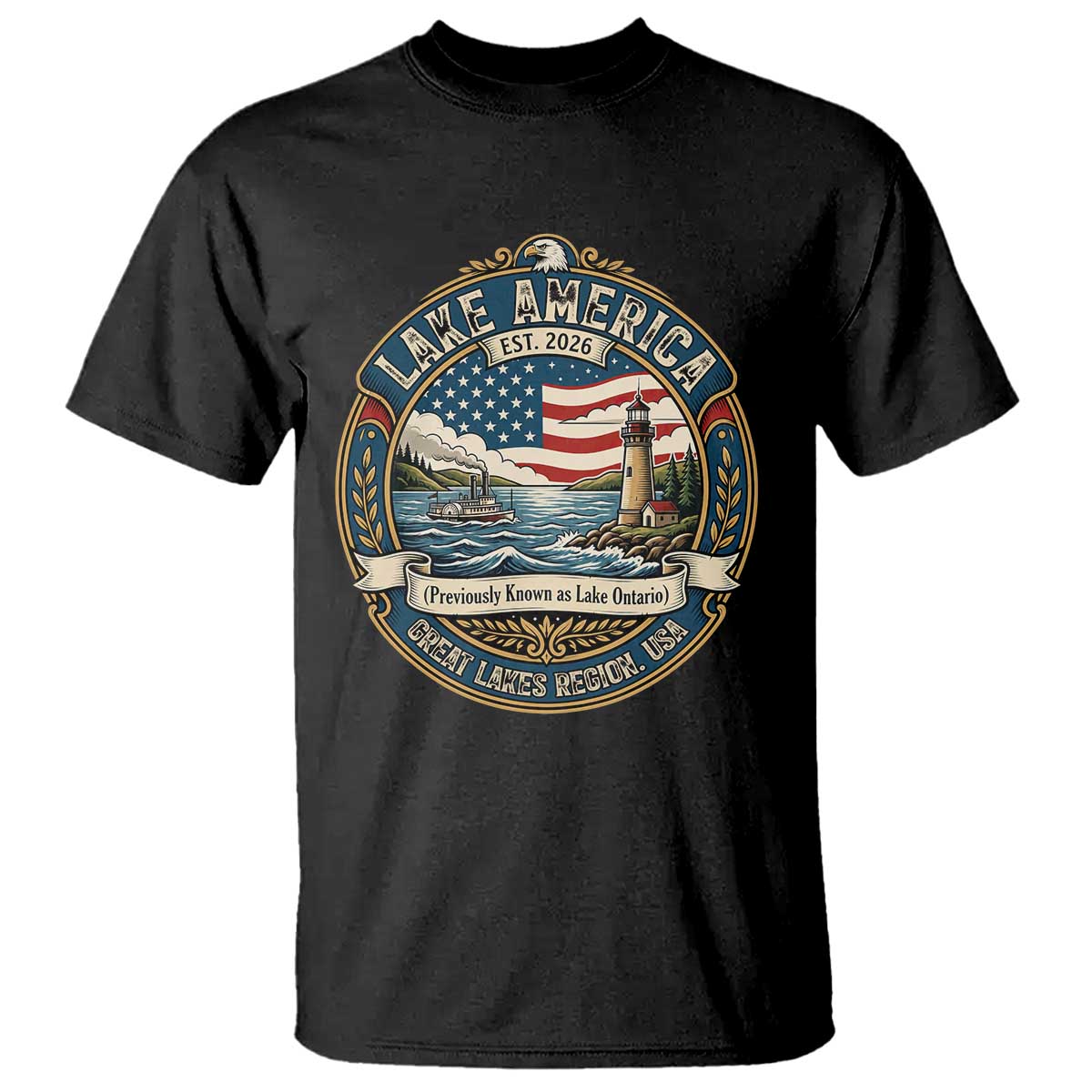 Lake America Est 2026 Vintage Lighthouse and Steamboat T Shirt Patriotic Great Lakes Region Gift