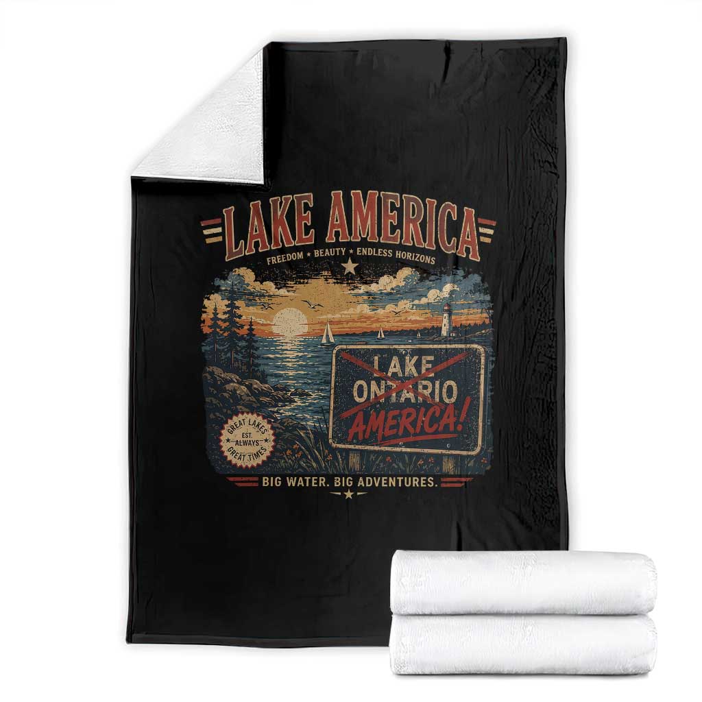 Lake America Ontario Crossed Out Satire Throw Blanket Vintage Sunset Sign Great Lakes Adventure Gift
