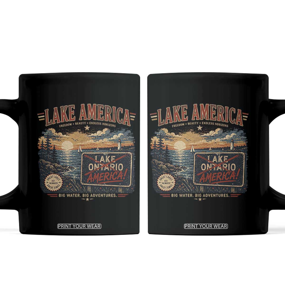 Lake America Ontario Crossed Out Satire Coffee Mug Vintage Sunset Sign Great Lakes Adventure Gift