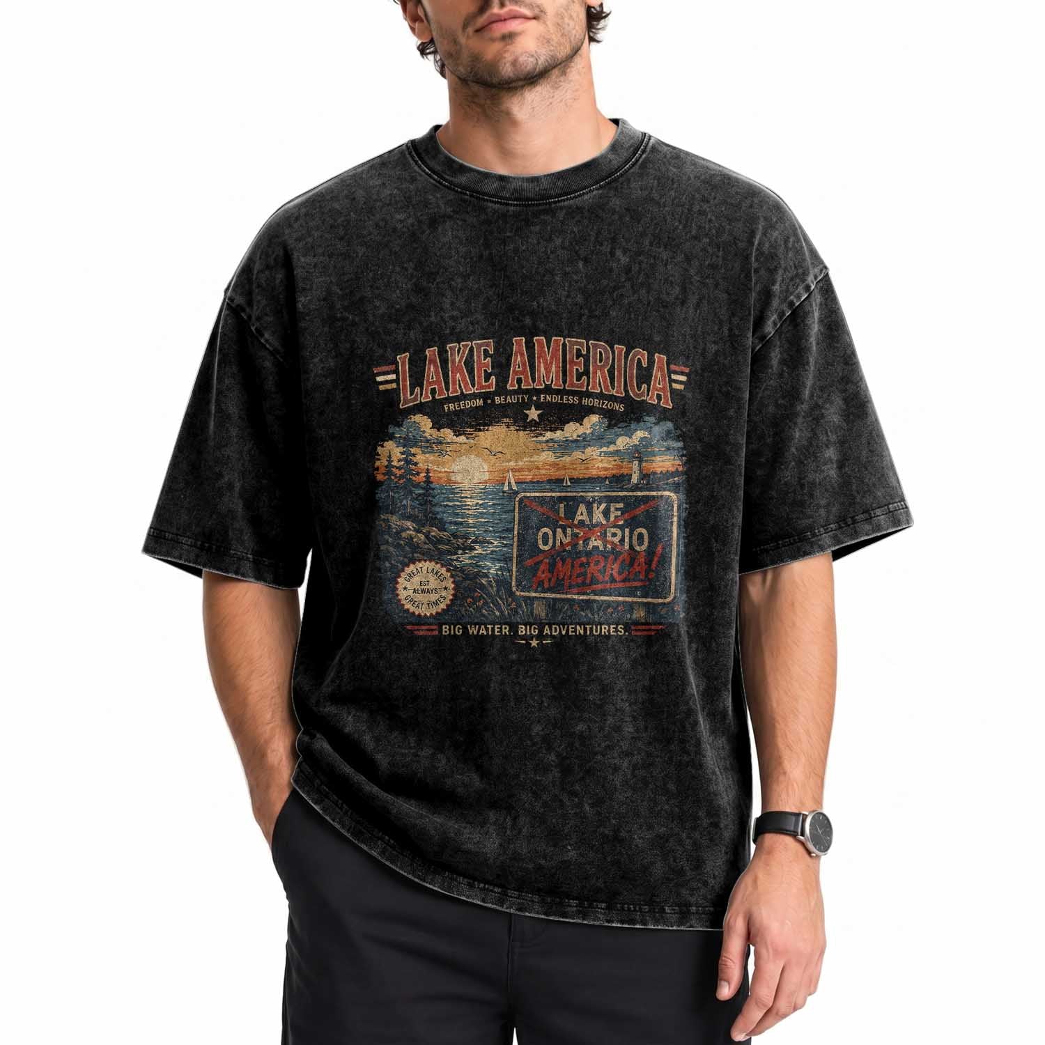 Lake America Ontario Crossed Out Satire Washed Cotton T-Shirt Vintage Sunset Sign Great Lakes Adventure Gift