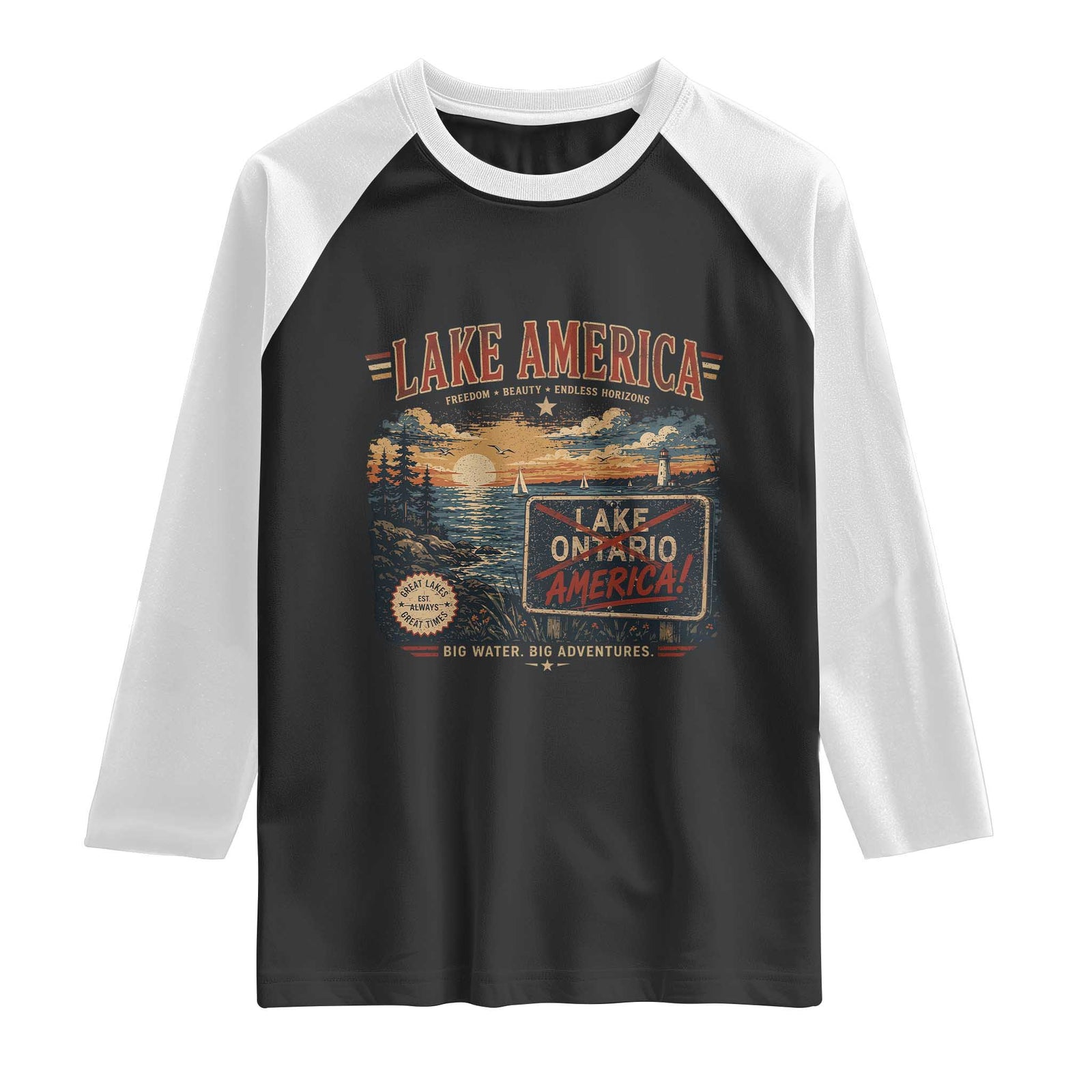 Lake America Ontario Crossed Out Satire Raglan Shirt Vintage Sunset Sign Great Lakes Adventure Gift
