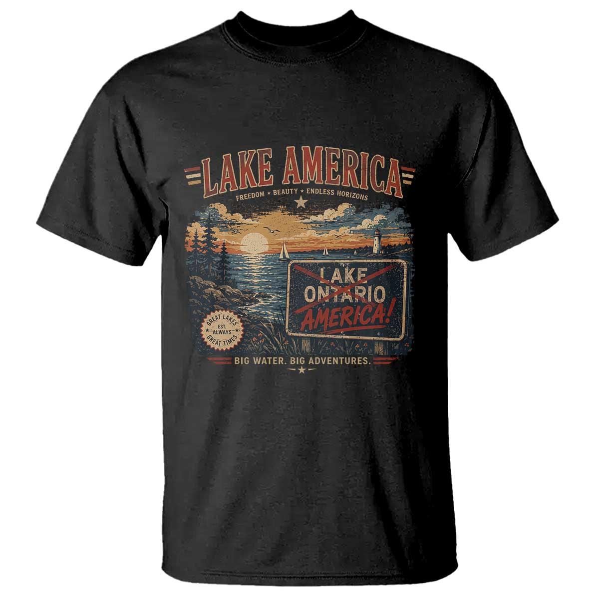Lake America Ontario Crossed Out Satire T Shirt Vintage Sunset Sign Great Lakes Adventure Gift