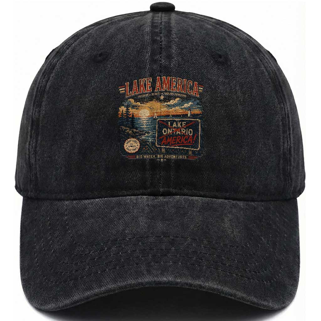 Lake America Ontario Crossed Out Satire Washed Cotton Baseball Cap Vintage Sunset Sign Great Lakes Adventure Gift