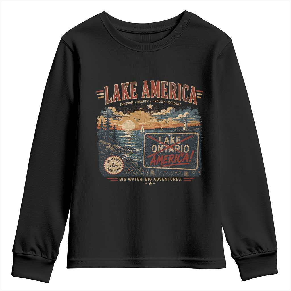 Lake America Ontario Crossed Out Satire Youth Sweatshirt Vintage Sunset Sign Great Lakes Adventure Gift