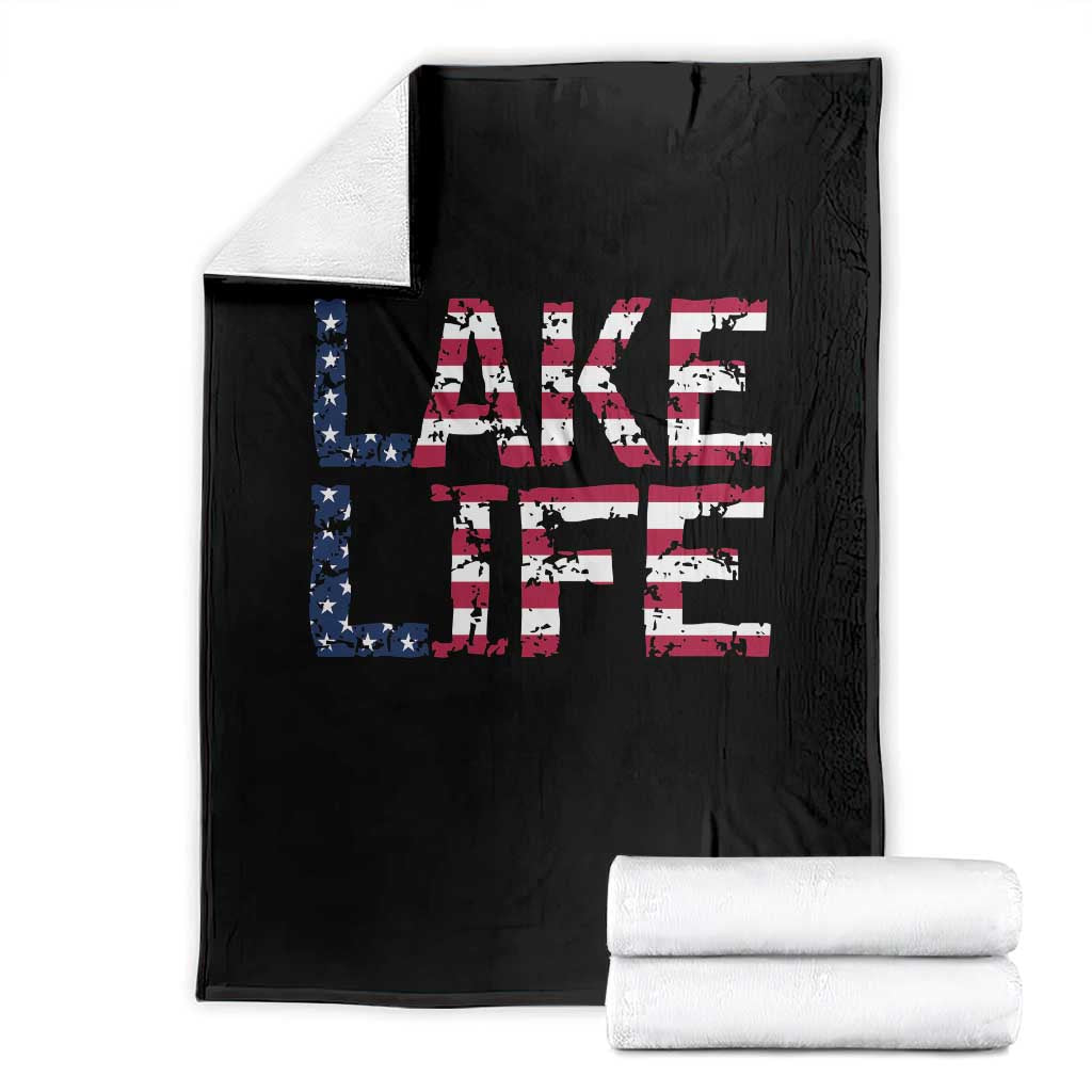 Lake Life Patriotic American Flag Throw Blanket Vintage Distressed Graphic Summer Lake House Vacation Gift