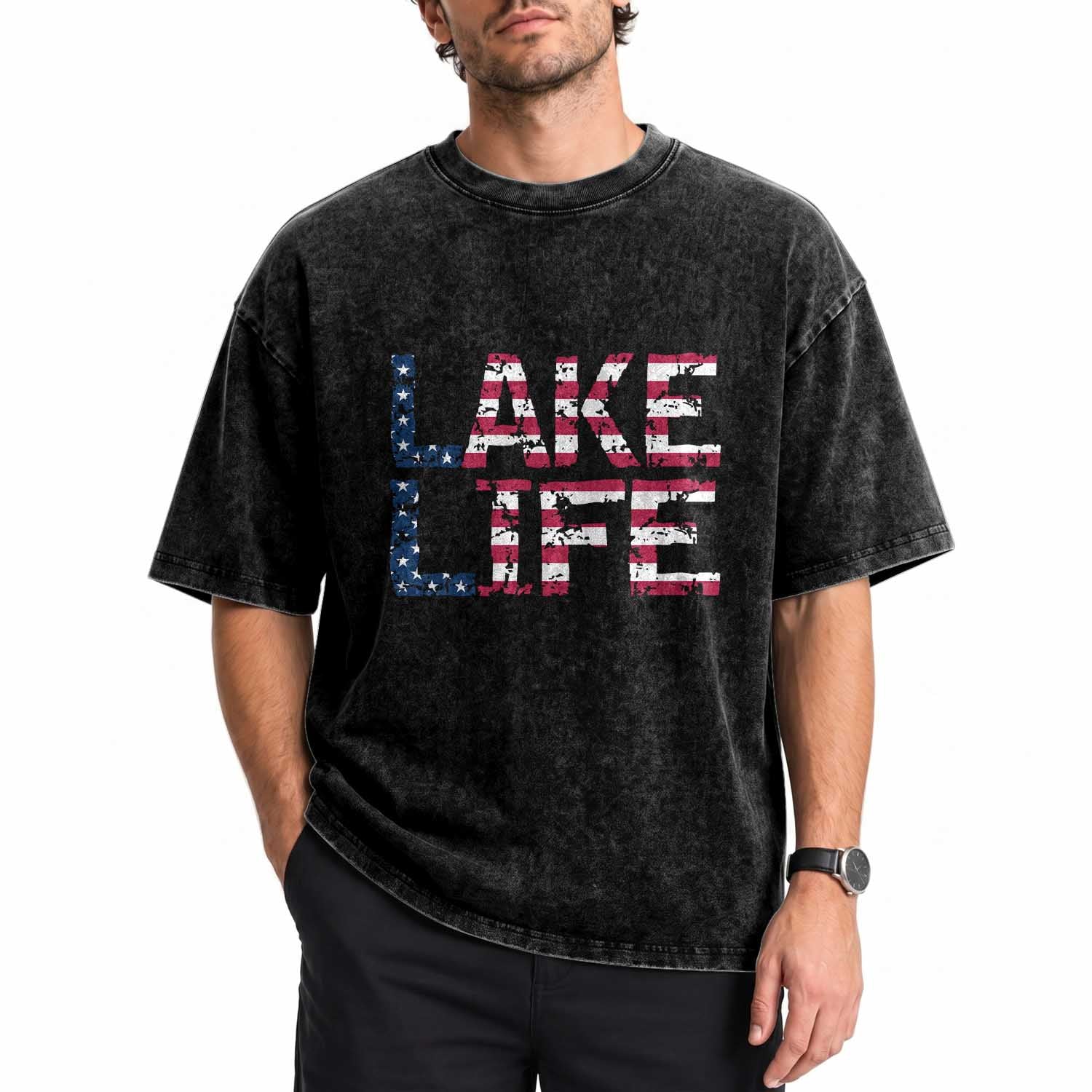 Lake Life Patriotic American Flag Washed Cotton T-Shirt Vintage Distressed Graphic Summer Lake House Vacation Gift