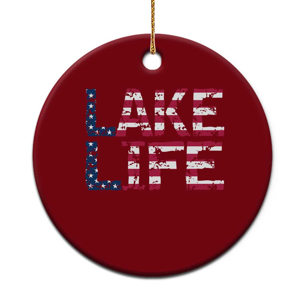Lake Life Patriotic American Flag Ceramic Ornament Vintage Distressed Graphic Summer Lake House Vacation Gift