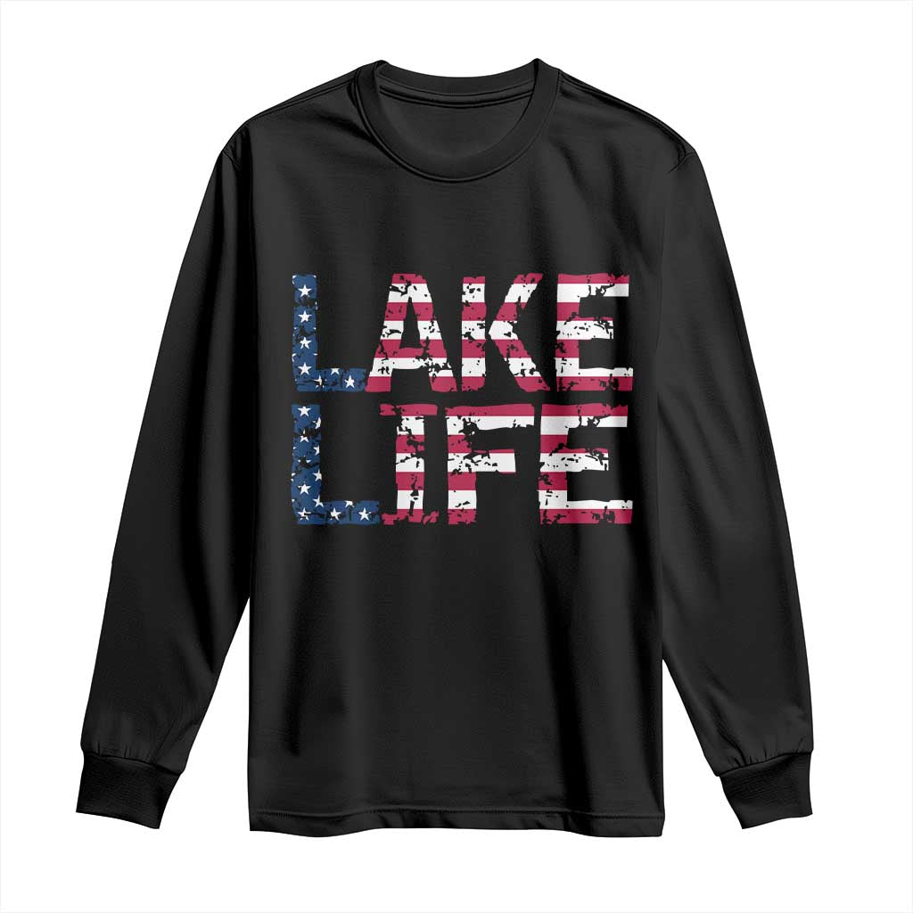 Lake Life Patriotic American Flag Long Sleeve Shirt Vintage Distressed Graphic Summer Lake House Vacation Gift