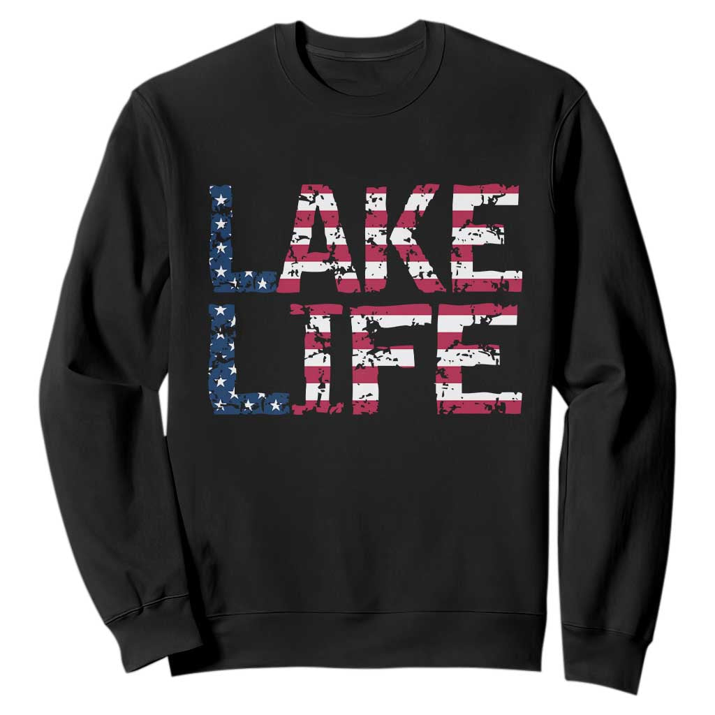 Lake Life Patriotic American Flag Sweatshirt Vintage Distressed Graphic Summer Lake House Vacation Gift