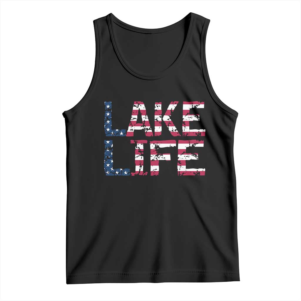 Lake Life Patriotic American Flag Tank Top Vintage Distressed Graphic Summer Lake House Vacation Gift
