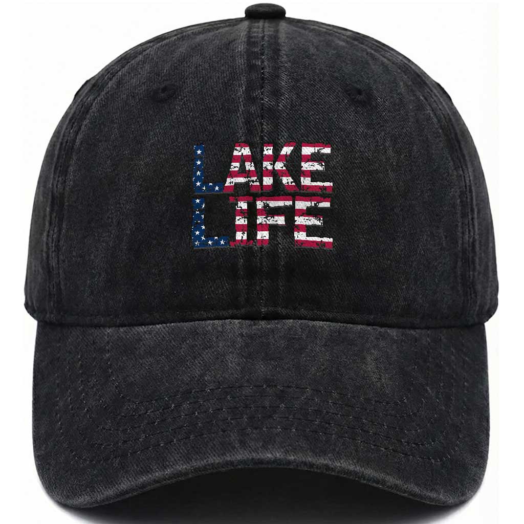 Lake Life Patriotic American Flag Washed Cotton Baseball Cap Vintage Distressed Graphic Summer Lake House Vacation Gift