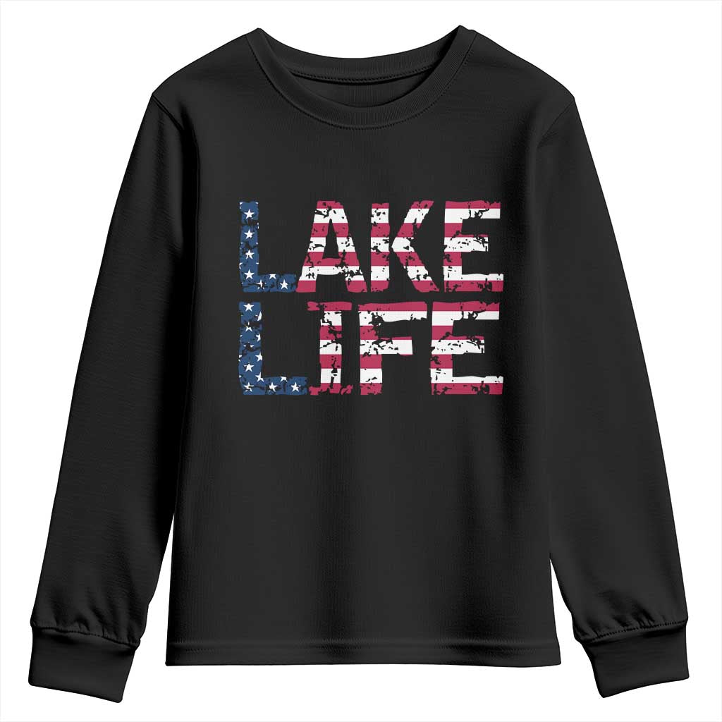 Lake Life Patriotic American Flag Youth Sweatshirt Vintage Distressed Graphic Summer Lake House Vacation Gift