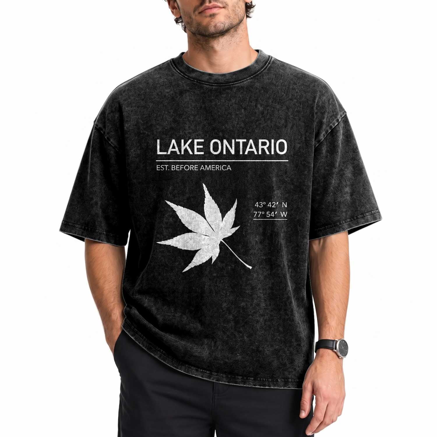 Lake Ontario Est Before America Satire Washed Cotton T-Shirt Funny Lake Life Modern Minimalist Outdoor Travel Gift