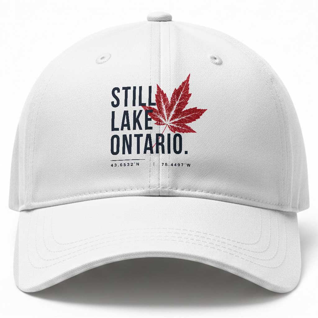 Still Lake Ontario Coordinates Satire Baseball Cap Minimalist Maple Leaf Graphic Outdoor Travel Lake Life Souvenir