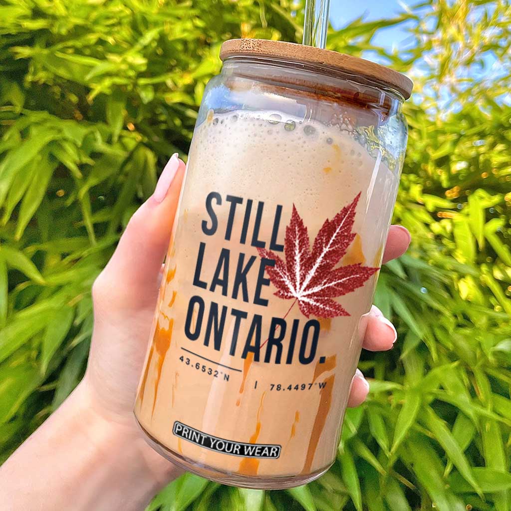 Still Lake Ontario Coordinates Satire Glass Can Minimalist Maple Leaf Graphic Outdoor Travel Lake Life Souvenir