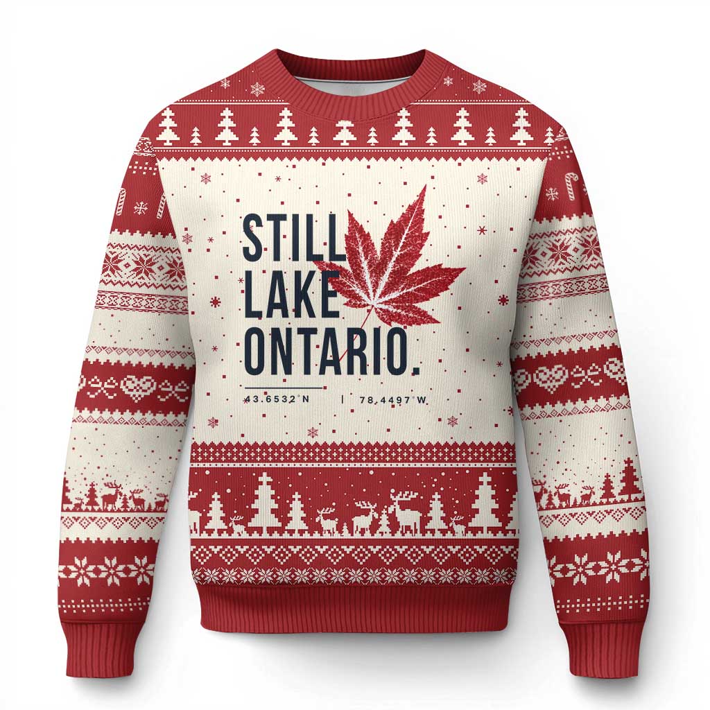 Still Lake Ontario Coordinates Satire Ugly Christmas Sweater Minimalist Maple Leaf Graphic Outdoor Travel Lake Life Souvenir