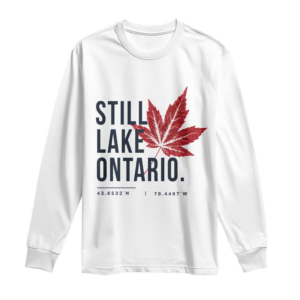 Still Lake Ontario Coordinates Satire Long Sleeve Shirt Minimalist Maple Leaf Graphic Outdoor Travel Lake Life Souvenir