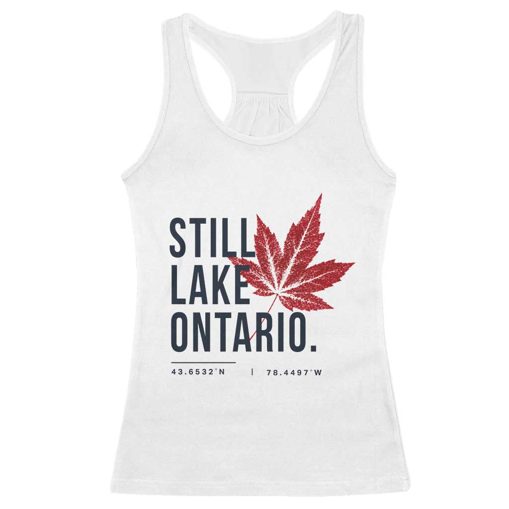 Still Lake Ontario Coordinates Satire Racerback Tank Top Minimalist Maple Leaf Graphic Outdoor Travel Lake Life Souvenir