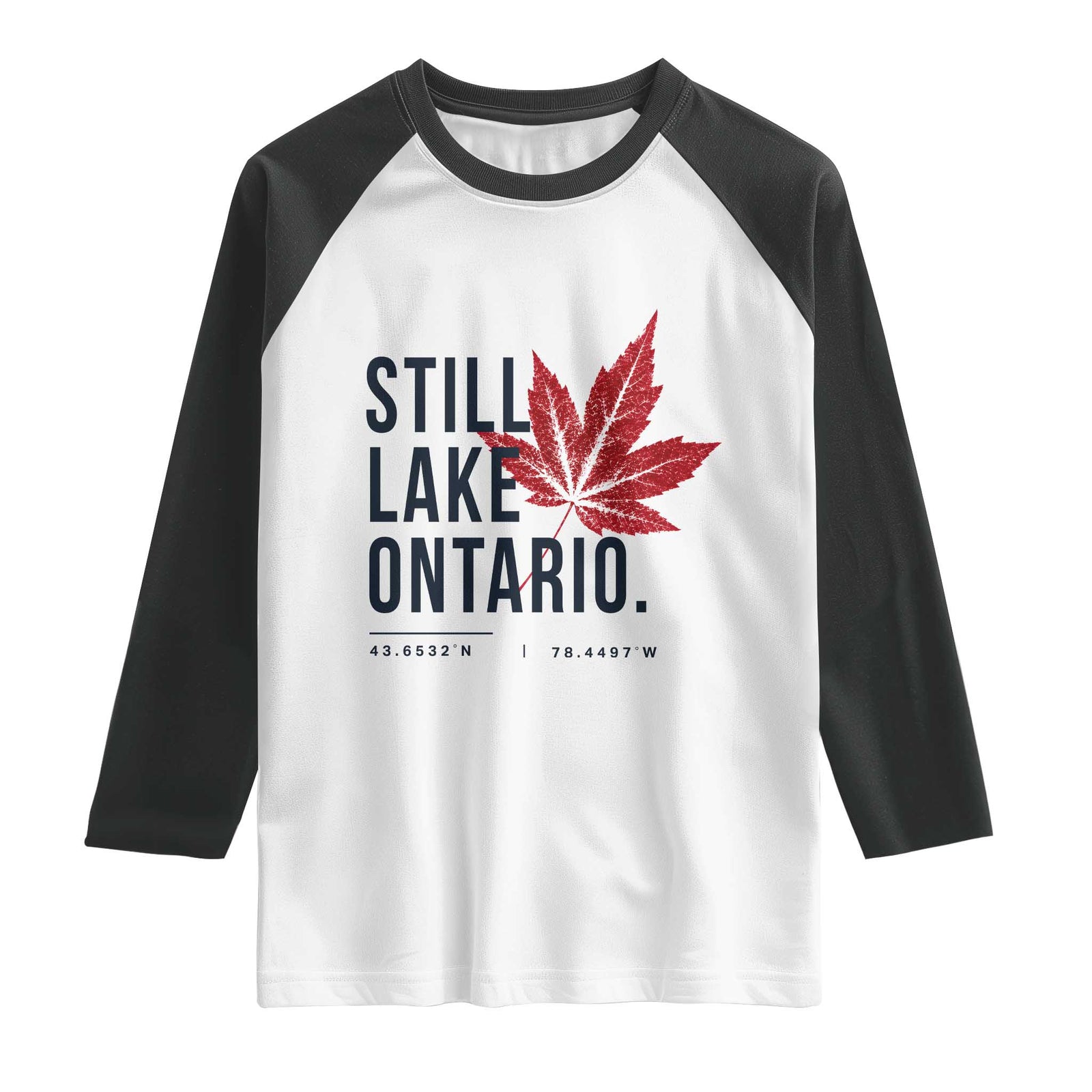 Still Lake Ontario Coordinates Satire Raglan Shirt Minimalist Maple Leaf Graphic Outdoor Travel Lake Life Souvenir