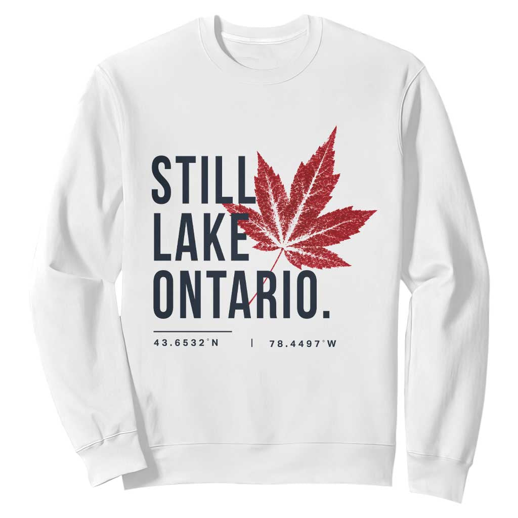 Still Lake Ontario Coordinates Satire Sweatshirt Minimalist Maple Leaf Graphic Outdoor Travel Lake Life Souvenir