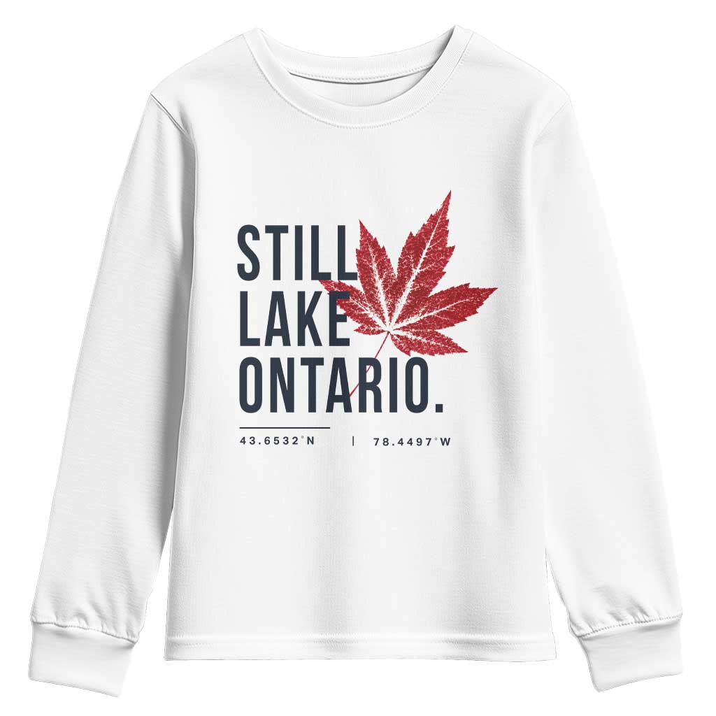 Still Lake Ontario Coordinates Satire Youth Sweatshirt Minimalist Maple Leaf Graphic Outdoor Travel Lake Life Souvenir