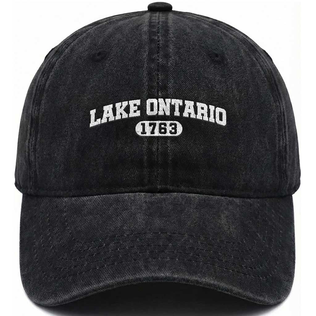 Lake Ontario 1763 Athletic Block Varsity Style Washed Cotton Baseball Cap Classic Great Lakes Vacation Souvenir