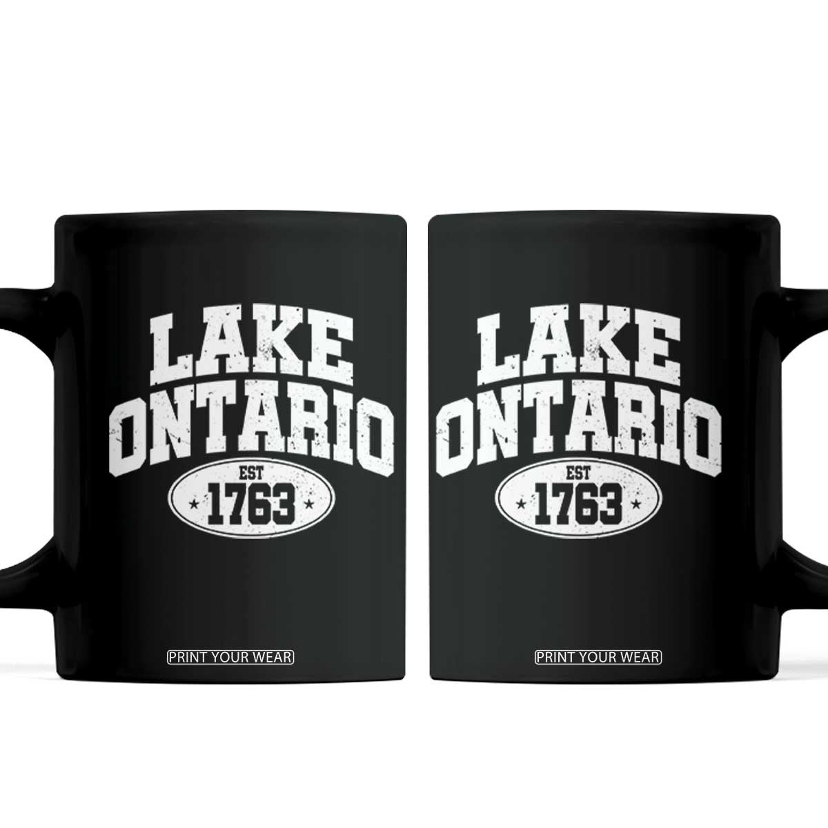 Retro Lake Ontario Est 1763 Distressed Varsity Emblem Graphic Coffee Mug Great Lakes Boating & Lake House Souvenir